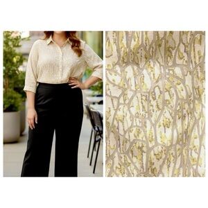 COLDWATER CREEK FESTIVE SHIRT 1X/2X IVORY ANTIQUE GOLD QUIET LUXURY FORMAL 3/4 S